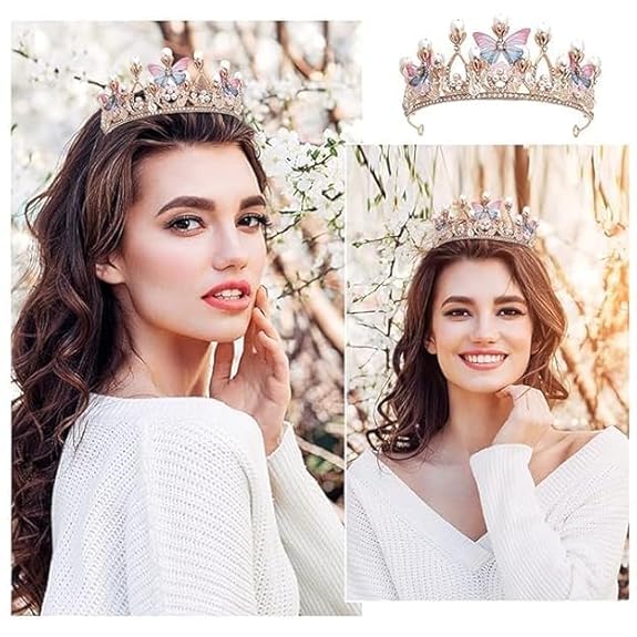 Crystal Crown Tiara with Pearl & Butterfly Design