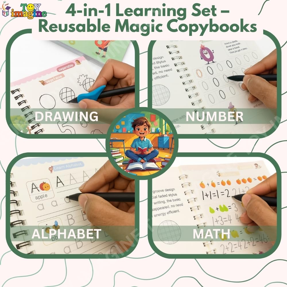 Magic Practice Copybook Set for Kids with Reusable Pen & Ink – Handwriting, Math & Drawing Learning Kit