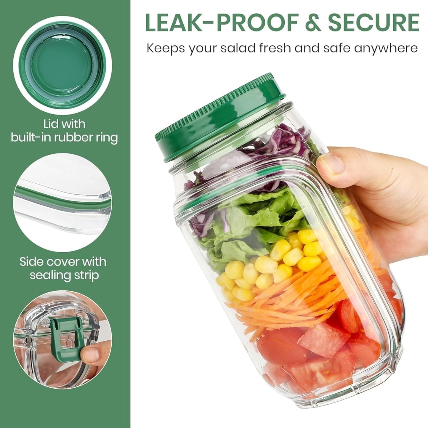Leakproof Salad Jar Container with Dressing Cup