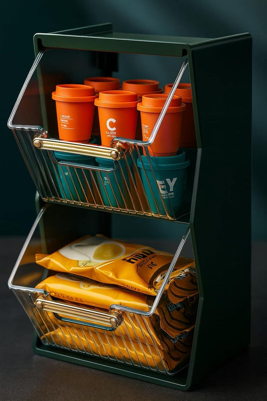 2 Tier Coffee & Tea Storage Organizer with Clear Display Bins (10.25 Inch Height)