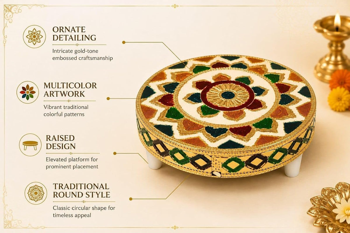 Decorative Pooja Chowki with Rajasthani Meenakari Design | Round Wooden Chowki for Home & Festive Decor