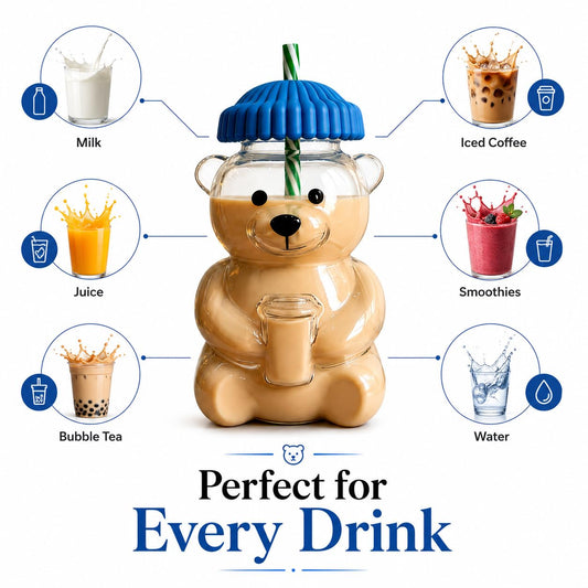 Glass Bear Straw Cup with Lid | Cute Bear Shaped Drinking Cup