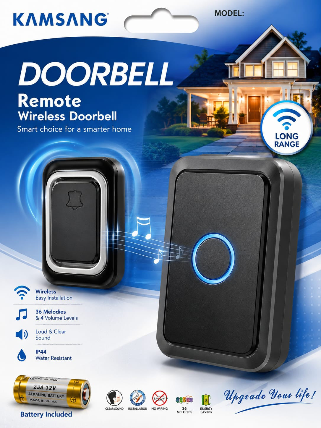 Wireless Doorbell Kit Black Color | Remote Door Bell with Receiver | Smart Home Door Chime