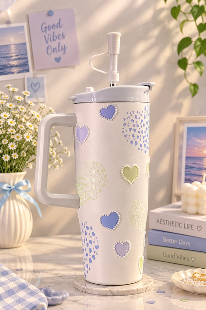 Pastel Heart Design Tumbler with Handle & Straw | Aesthetic Insulated Water Cup | Cute Gift for Girls