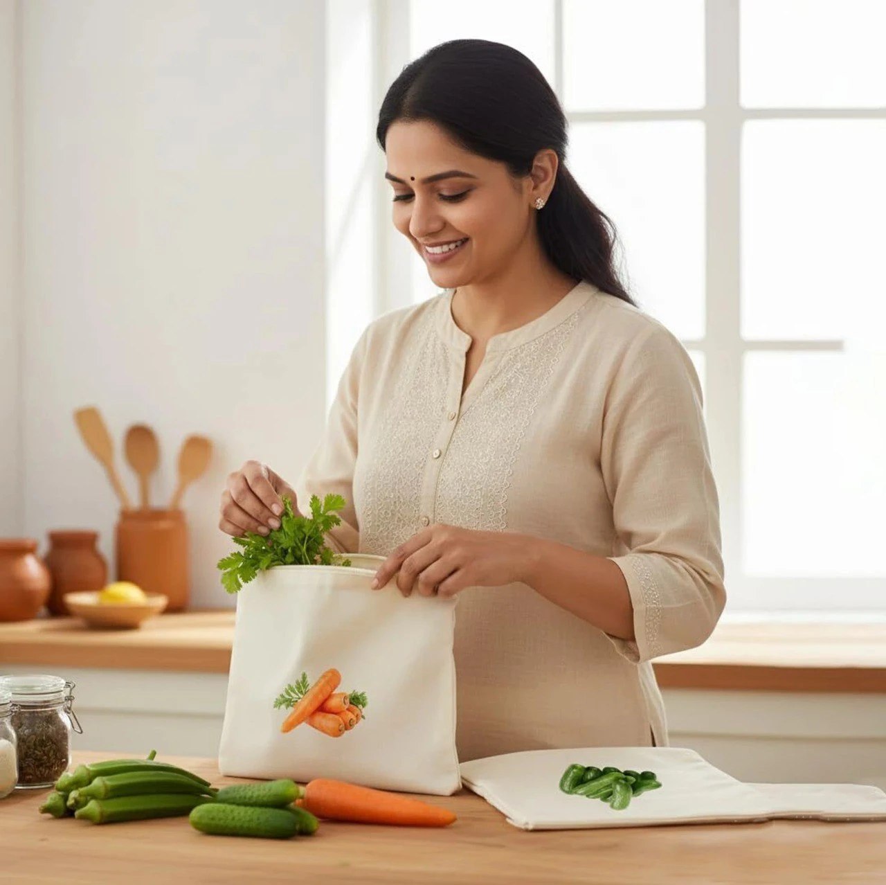 Reusable Cotton Vegetable Storage Bags Set – Eco-Friendly Kitchen Organizer Pouches