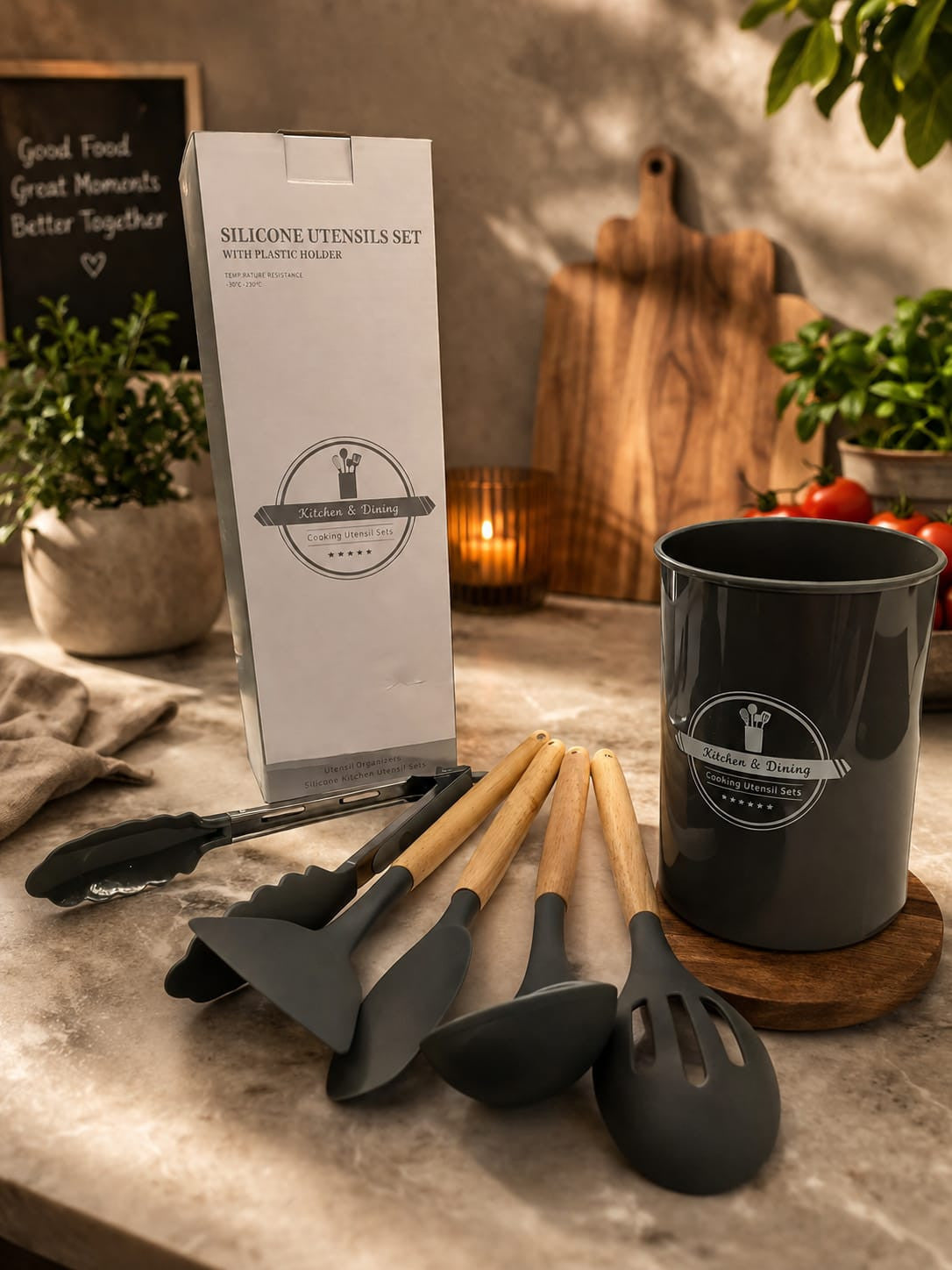 Premium 6 PCS Silicone Kitchen Utensils Set with Wooden Handle & Holder