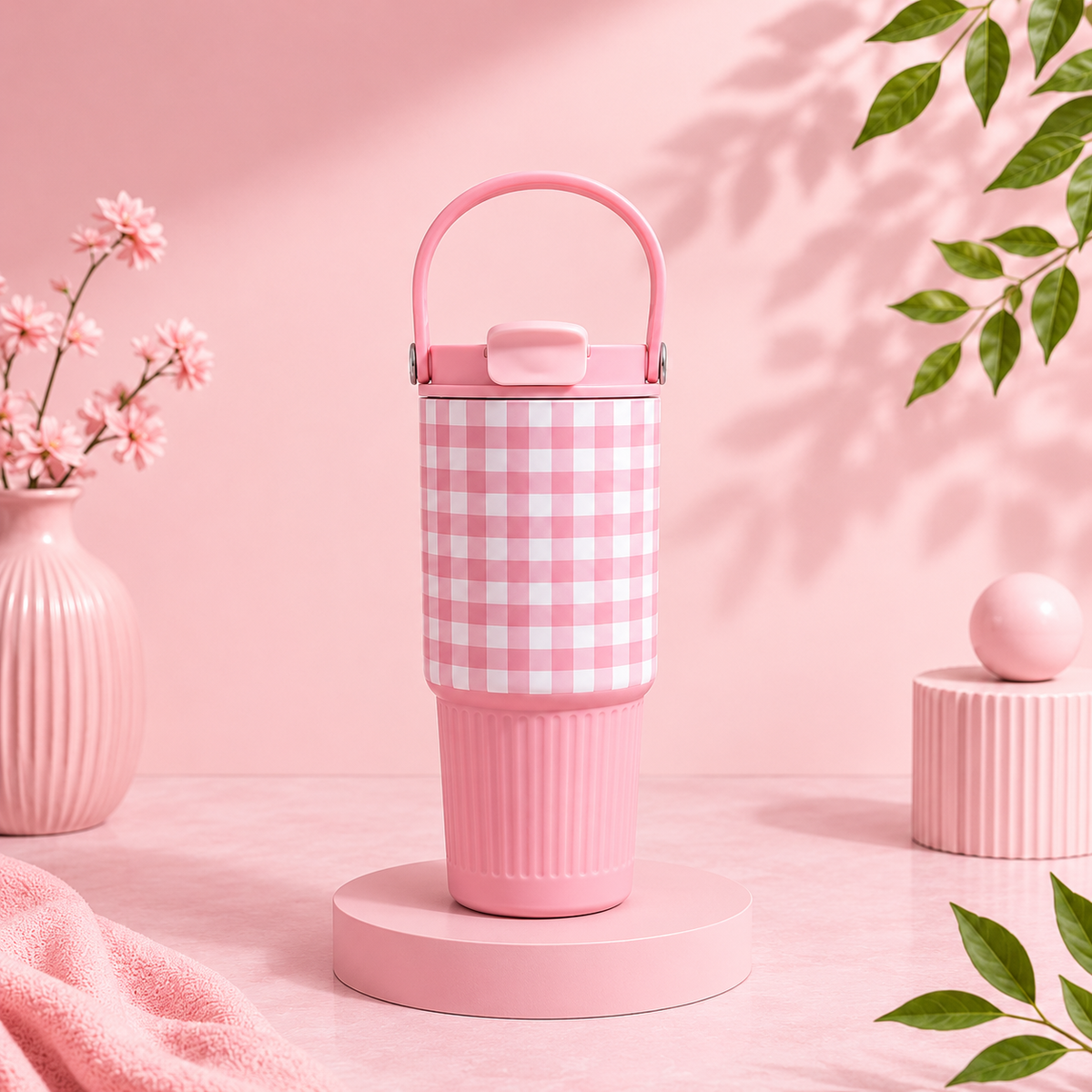 Gingham Checkered Tumbler with Handle | Aesthetic Reusable Travel Cup