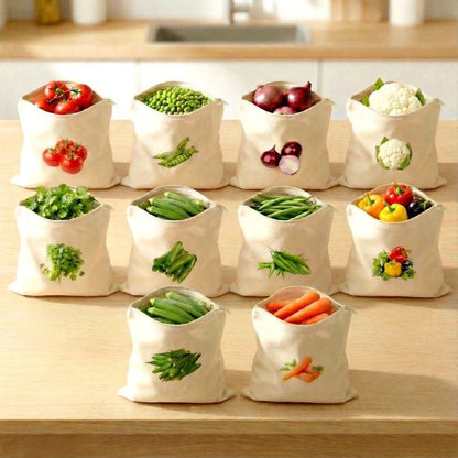 Reusable Cotton Vegetable Storage Bags Set – Eco-Friendly Kitchen Organizer Pouches