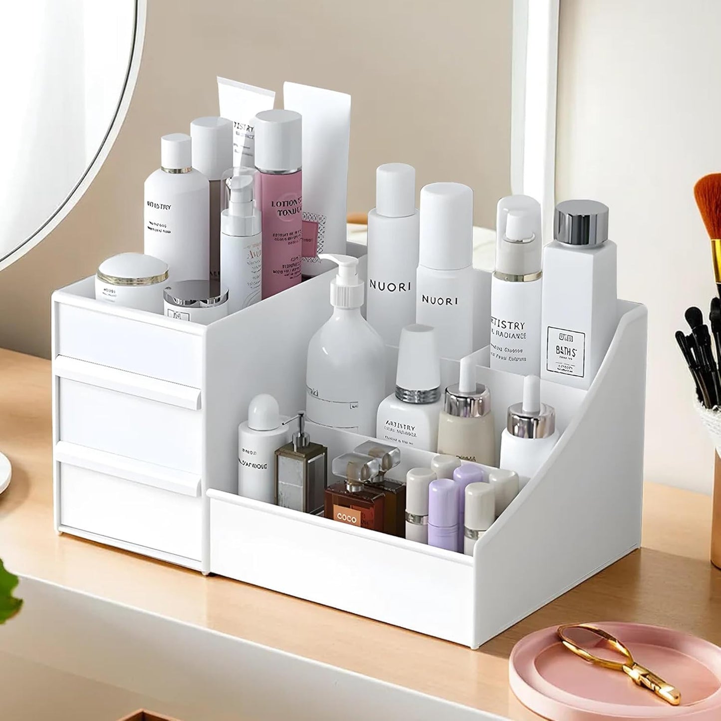 8 Compartment Cosmetic Organizer Box with Drawer – Makeup Storage & Vanity Organizer