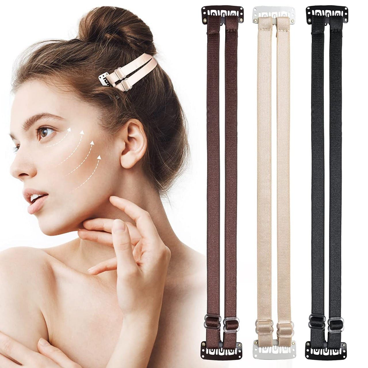 3Pcs Adjustable Invisible Face Lift Bands with Clips – Instant Facelift, Eye & Brow Lift Elastic Straps for Women