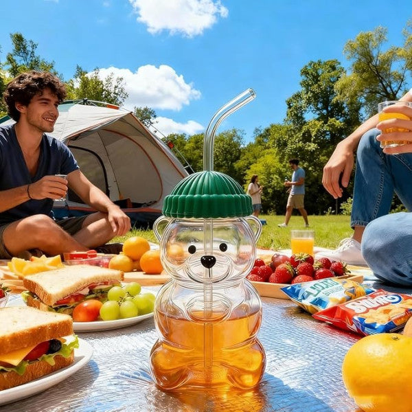Glass Bear Straw Cup with Lid | Cute Bear Shaped Drinking Cup