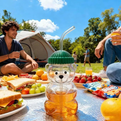 Glass Bear Straw Cup with Lid | Cute Bear Shaped Drinking Cup