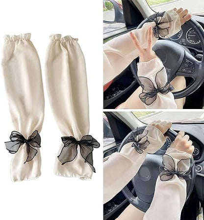 Sunproof Arm Sleeves with Bow for Women – UV Protection, Stretchable & Breathable (1 Pair)