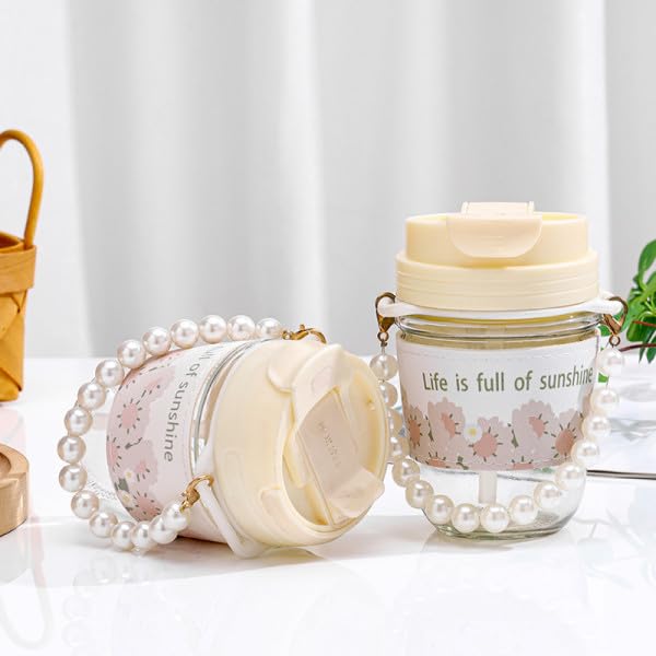 Pearl Glass Cup Water Bottle with Handle | Cute Glass Tumbler