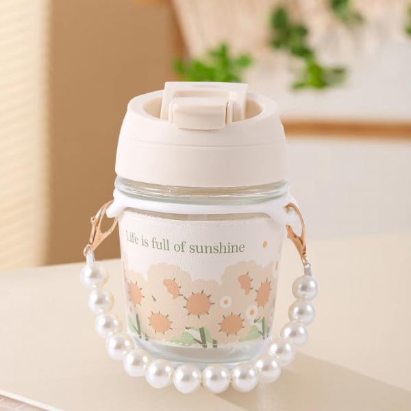 Pearl Glass Cup Water Bottle with Handle | Cute Glass Tumbler