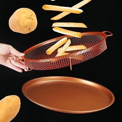 Kitchen Deep Frying Basket Round Non-Stick Crispy Mesh Oil Drain Tray for Oven Baking Air Fryer Roasting & Frying