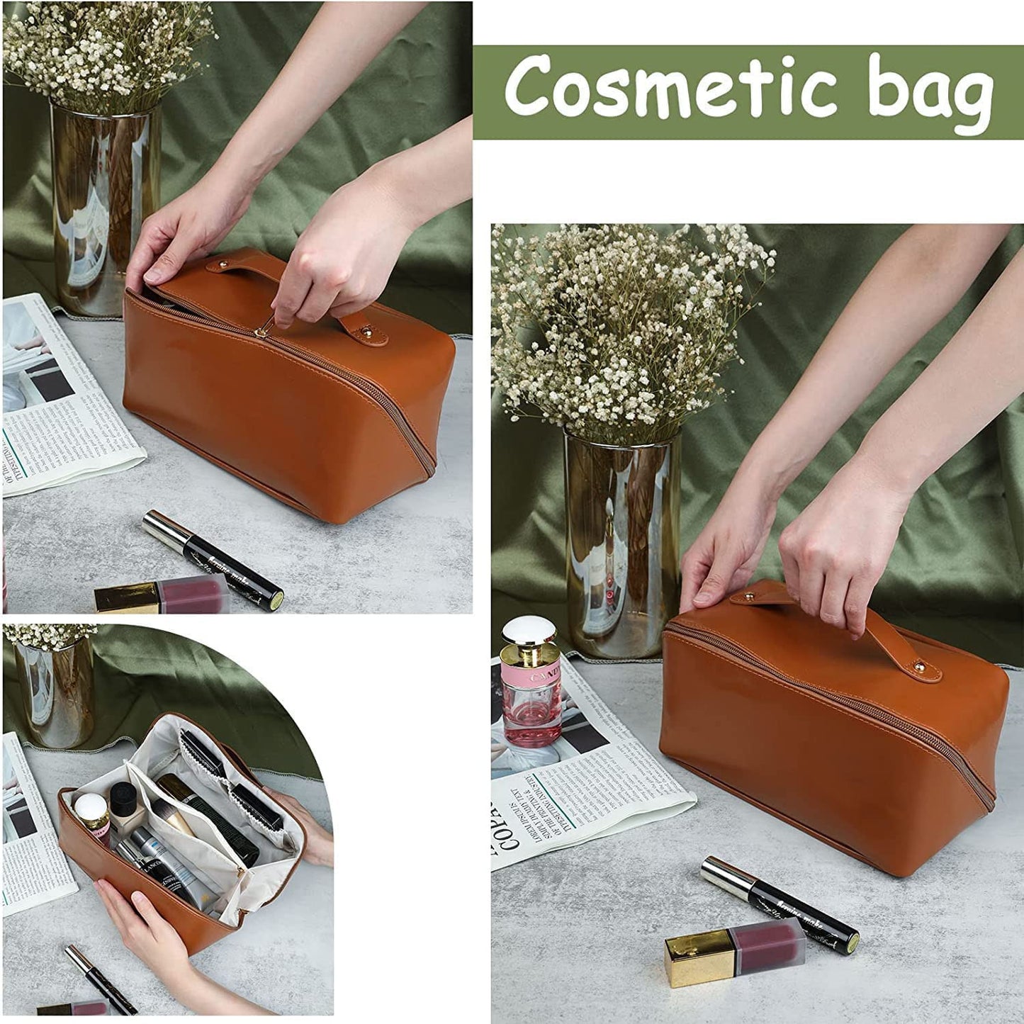 Luxury Leather Cosmetic Bag Travel Makeup Pouch