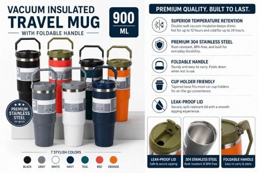 Vacuum Insulated Thermos Tumbler Bottle 900ML with Handle | Stainless Steel Travel Water Bottle