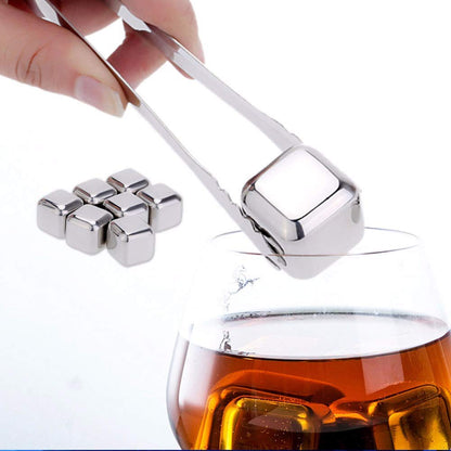 Stainless Steel 6PC Ice Cube Set with Tong | Reusable Whiskey Cooling Cubes for Drinks