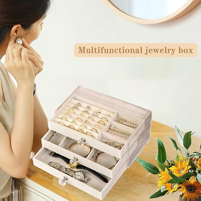 Jewelry Organizer Box with Transparent Acrylic Cover 3 Drawer | Earring, Ring & Necklace Storage Case