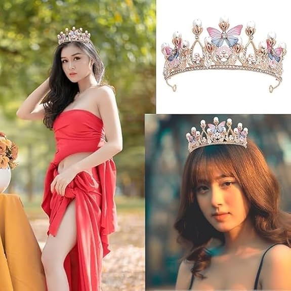 Crystal Crown Tiara with Pearl & Butterfly Design