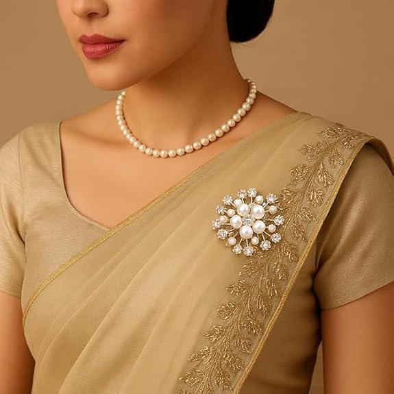 Luxury Pearl Flower Brooch Pin for Women | Crystal Floral Saree Brooch