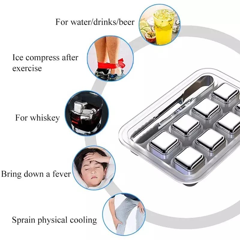 Stainless Steel 6PC Ice Cube Set with Tong | Reusable Whiskey Cooling Cubes for Drinks