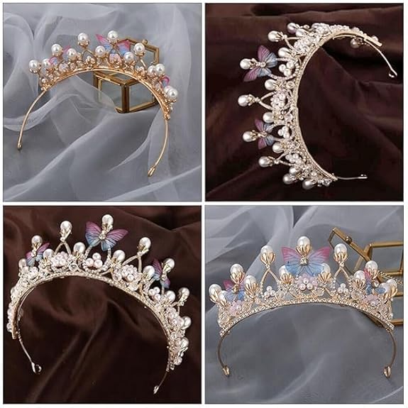 Crystal Crown Tiara with Pearl & Butterfly Design