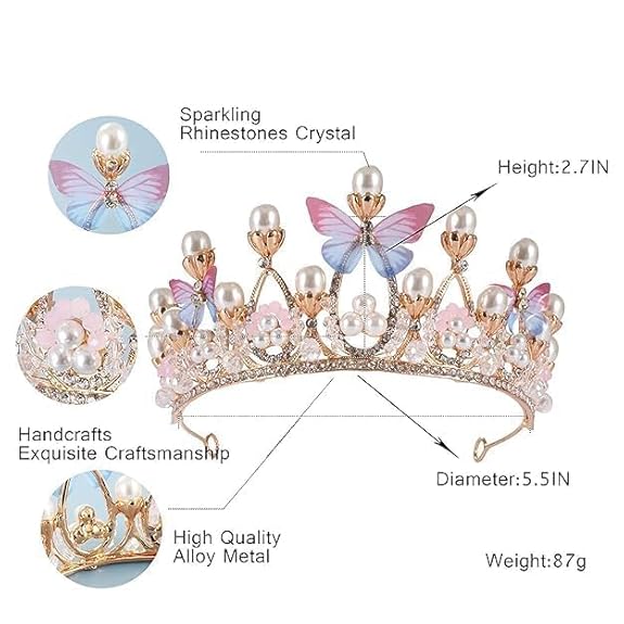 Crystal Crown Tiara with Pearl & Butterfly Design