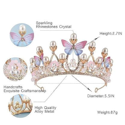 Crystal Crown Tiara with Pearl & Butterfly Design