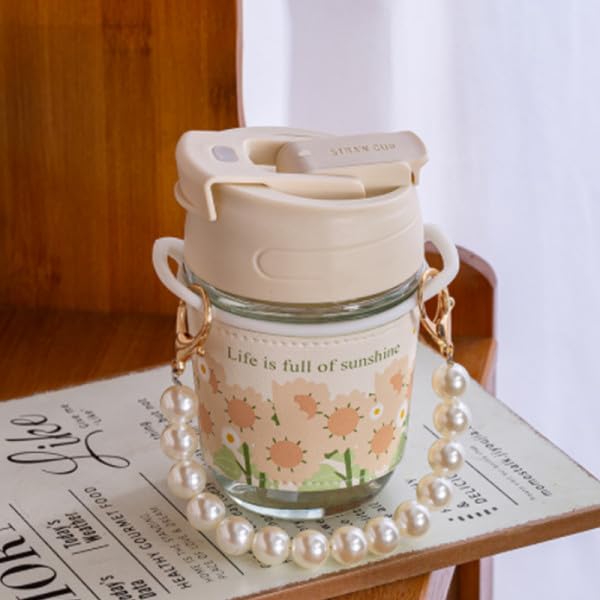 Pearl Glass Cup Water Bottle with Handle | Cute Glass Tumbler