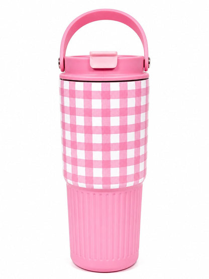 Gingham Checkered Tumbler with Handle | Aesthetic Reusable Travel Cup