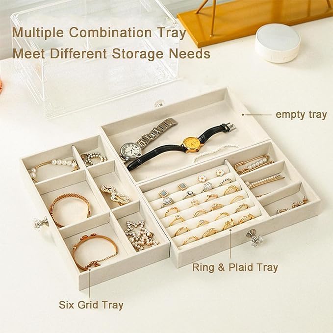 Jewelry Organizer Box with Transparent Acrylic Cover 3 Drawer | Earring, Ring & Necklace Storage Case
