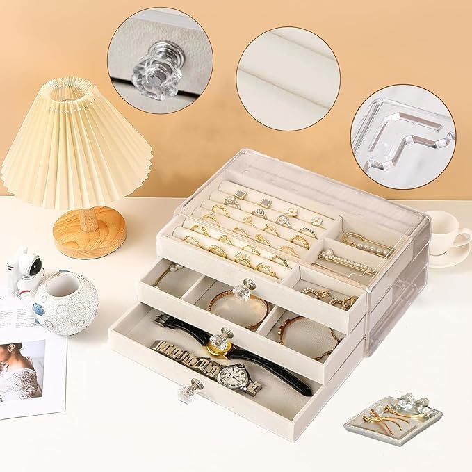 Jewelry Organizer Box with Transparent Acrylic Cover 3 Drawer | Earring, Ring & Necklace Storage Case