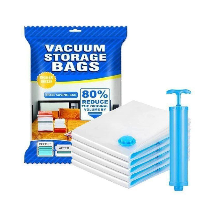 5 PCS Vacuum Storage Bags with Pump – Reusable Space Saver Seal Bags