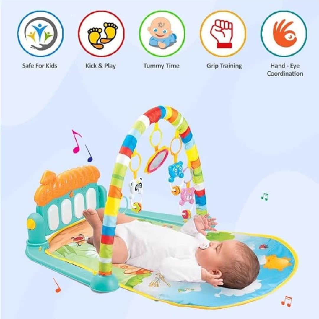 Baby Activity Gym & Play Mat with Piano, Hanging Toys, Mirror & Colorful Arch for Newborns