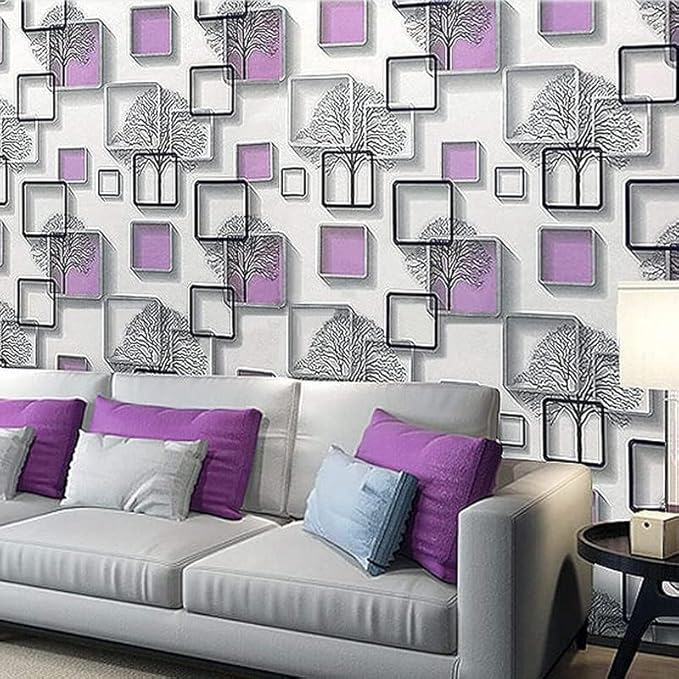 Purple Cube 3D Wallpaper | 45x500 cm PVC Wall Sticker | Self Adhesive Waterproof Wallpaper