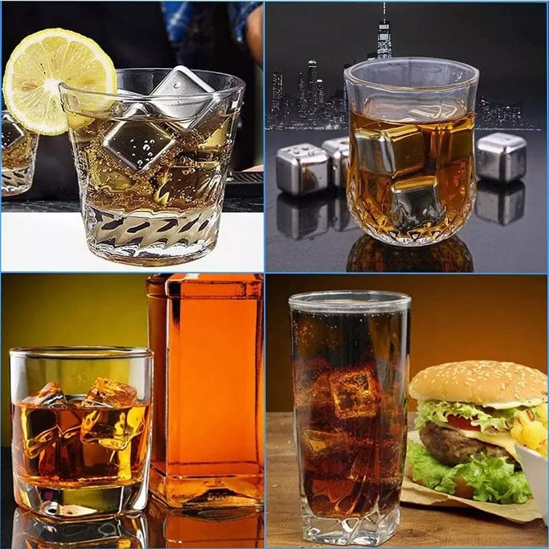 Stainless Steel 6PC Ice Cube Set with Tong | Reusable Whiskey Cooling Cubes for Drinks