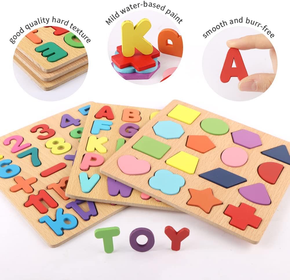 3 in 1 Wooden Puzzle Board for Toddlers – Alphabet, Numbers & Shapes Learning Toy
