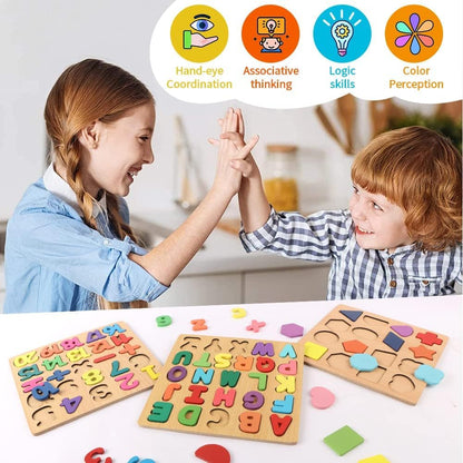3 in 1 Wooden Puzzle Board for Toddlers – Alphabet, Numbers & Shapes Learning Toy