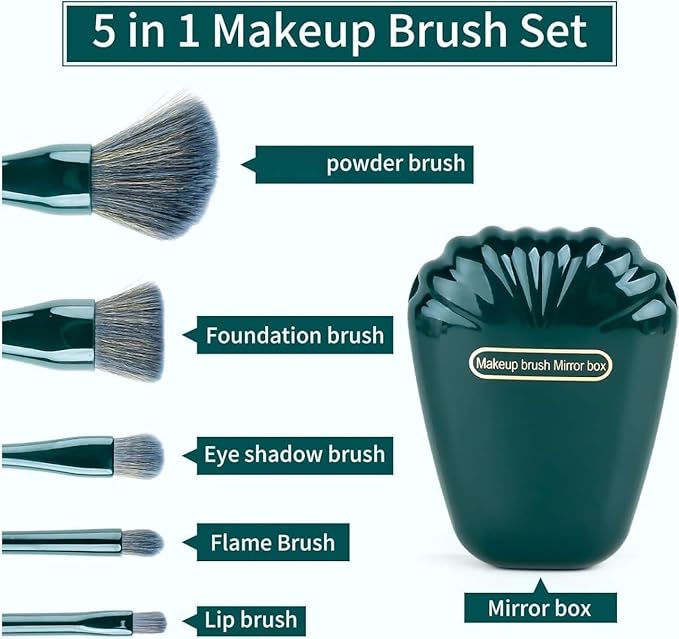 5-in-1 Portable Makeup Brush Set with Built-in Mirror – Travel-Friendly Multifunction Beauty Brush Kit