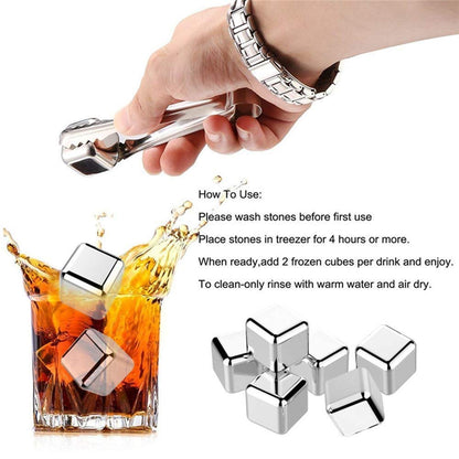 Stainless Steel 6PC Ice Cube Set with Tong | Reusable Whiskey Cooling Cubes for Drinks
