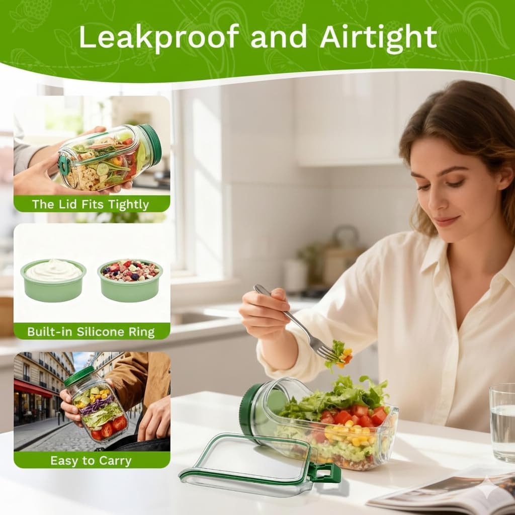 Leakproof Salad Jar Container with Dressing Cup
