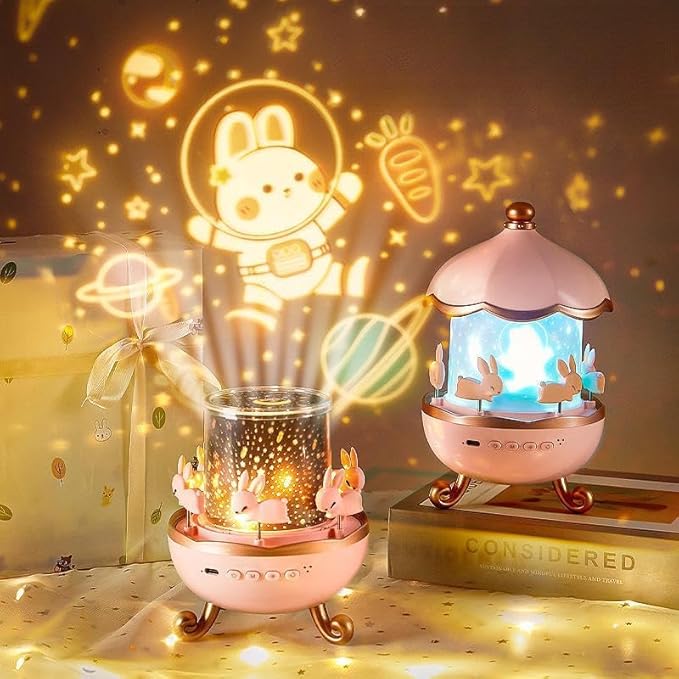 Rabbit Night Light Projector | Rotating Bunny Carousel LED Lamp & Starry Sky Projector for Kids Bedroom