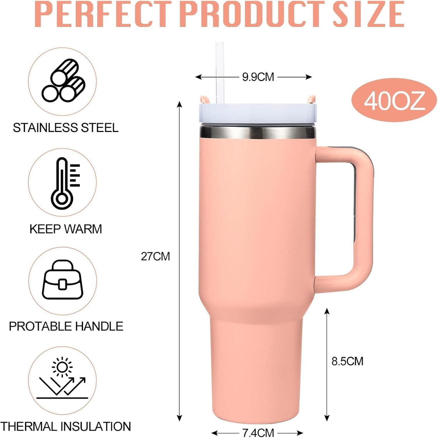 1200ML Stainless Steel Insulated Tumbler Cup with Handle and Straw