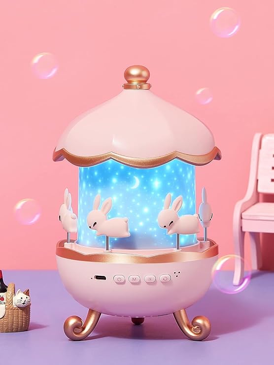 Rabbit Night Light Projector | Rotating Bunny Carousel LED Lamp & Starry Sky Projector for Kids Bedroom