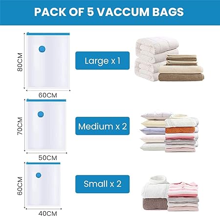 5 PCS Vacuum Storage Bags with Pump – Reusable Space Saver Seal Bags