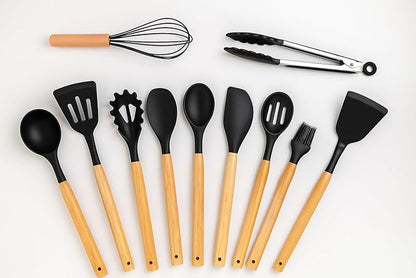 Premium 12 PCS Silicone Kitchen Utensils Set with Wooden Handle & Holder