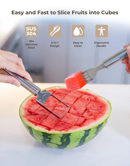 2-in-1 Stainless Steel Watermelon Cutter & Fork | Fruit Slicer Tool | Dual Head Fruit Cutting Gadget