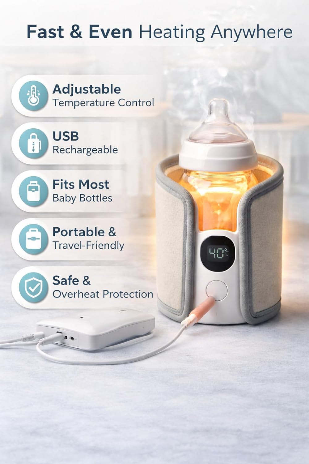 Portable Rechargeable Baby Milk Warmer Bottle with Digital Display | USB Travel-Friendly